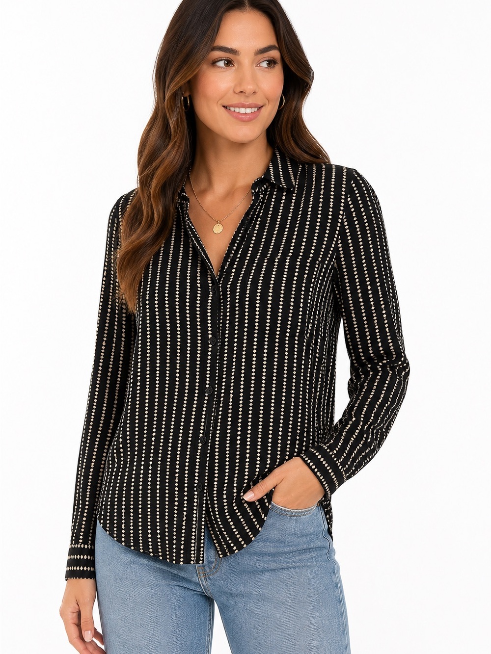 Truth by Republic Diamond Stripe Button Up Blouse in Black with Ivory - 0493